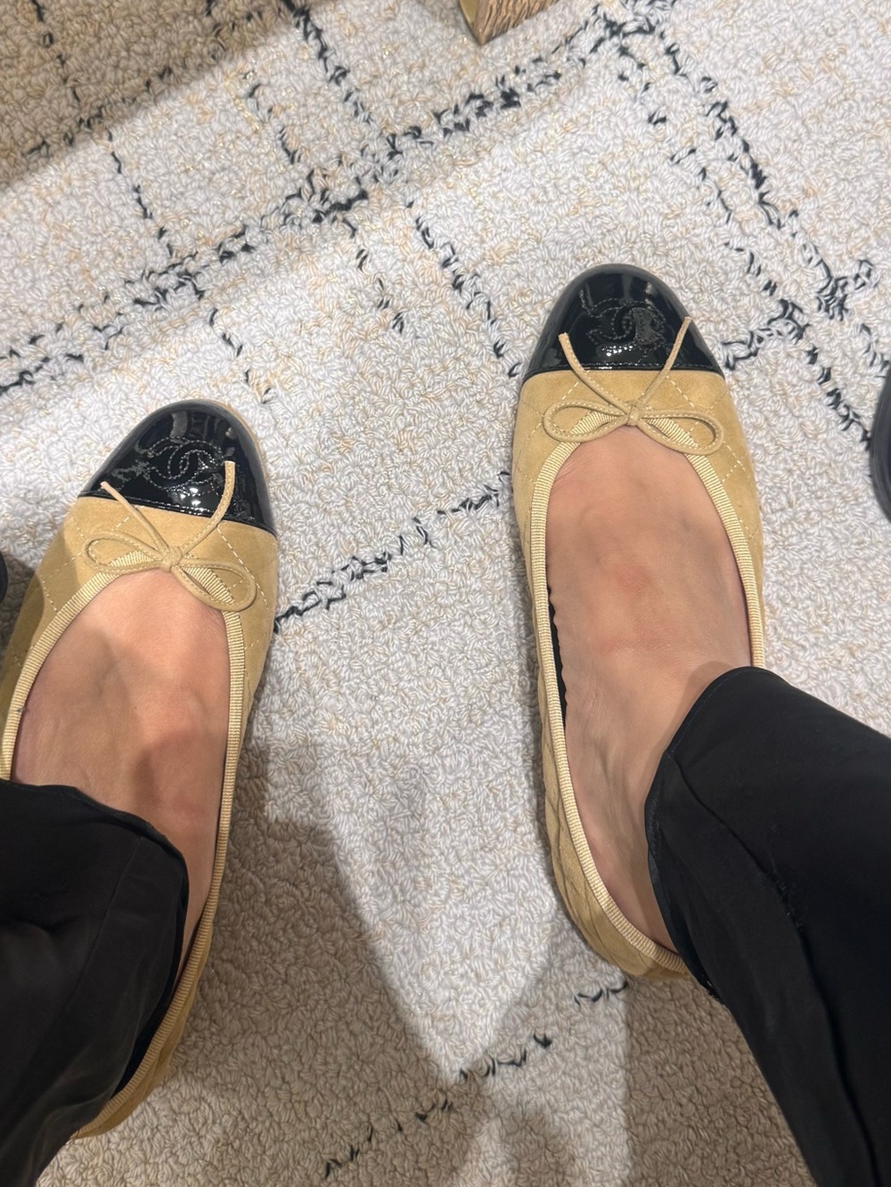 Suede Quilted Ballerina Flats with Patent Cap Toe - Tan